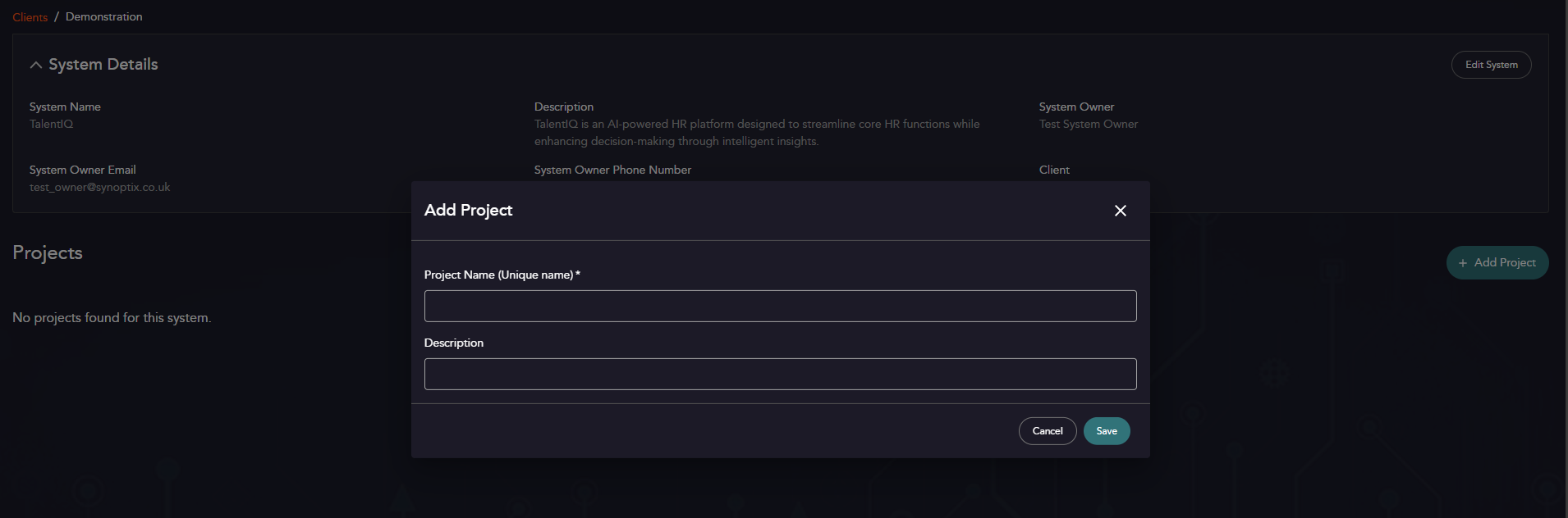 Create Project Modal, containing Project Parameters below